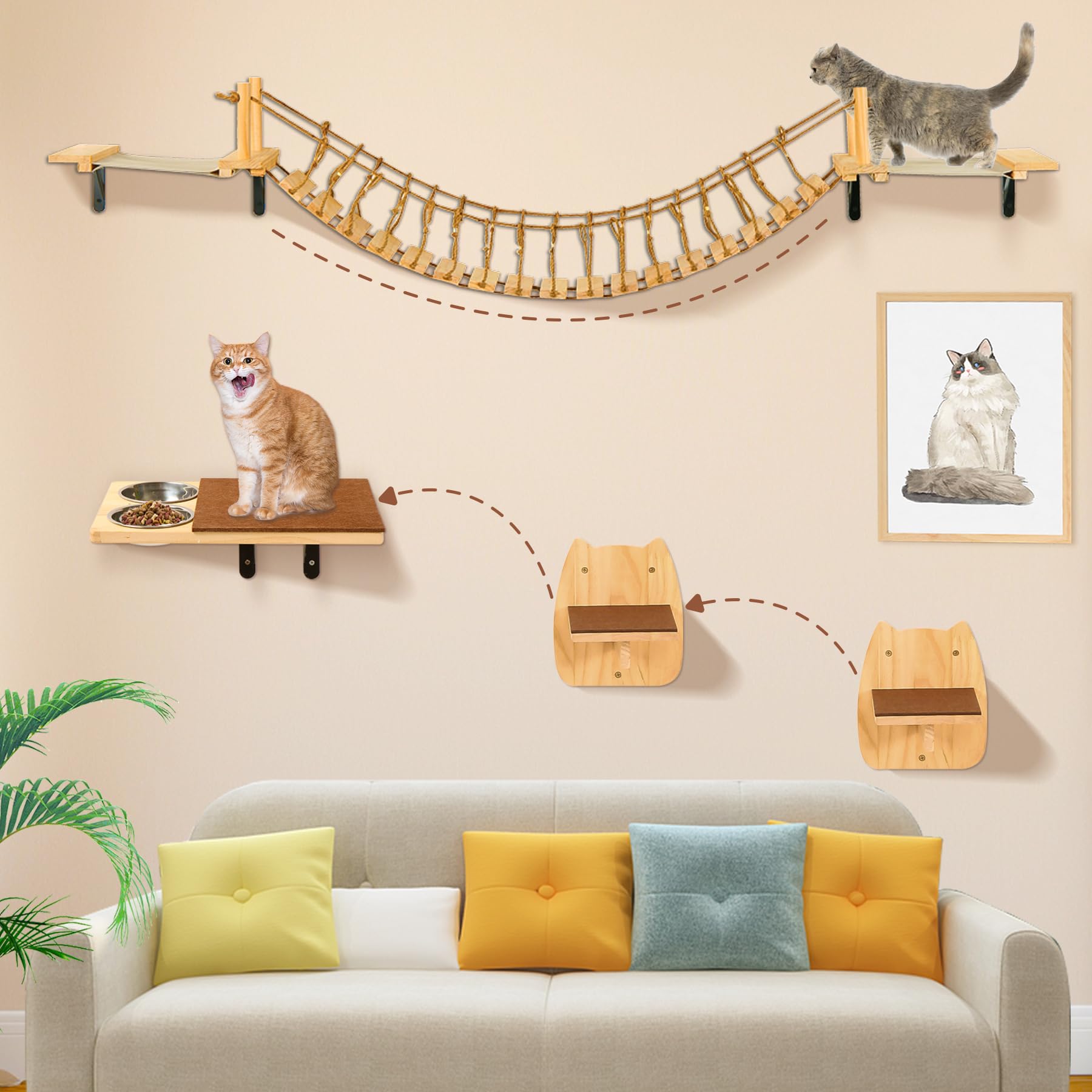 Calmbee Cat Wall Shelves, Cat Wall Furniture 70'' Cat Bridge Wall Mount Cat Perch Wooden Hammock Cat Tree Cat Climber Cat Cloud